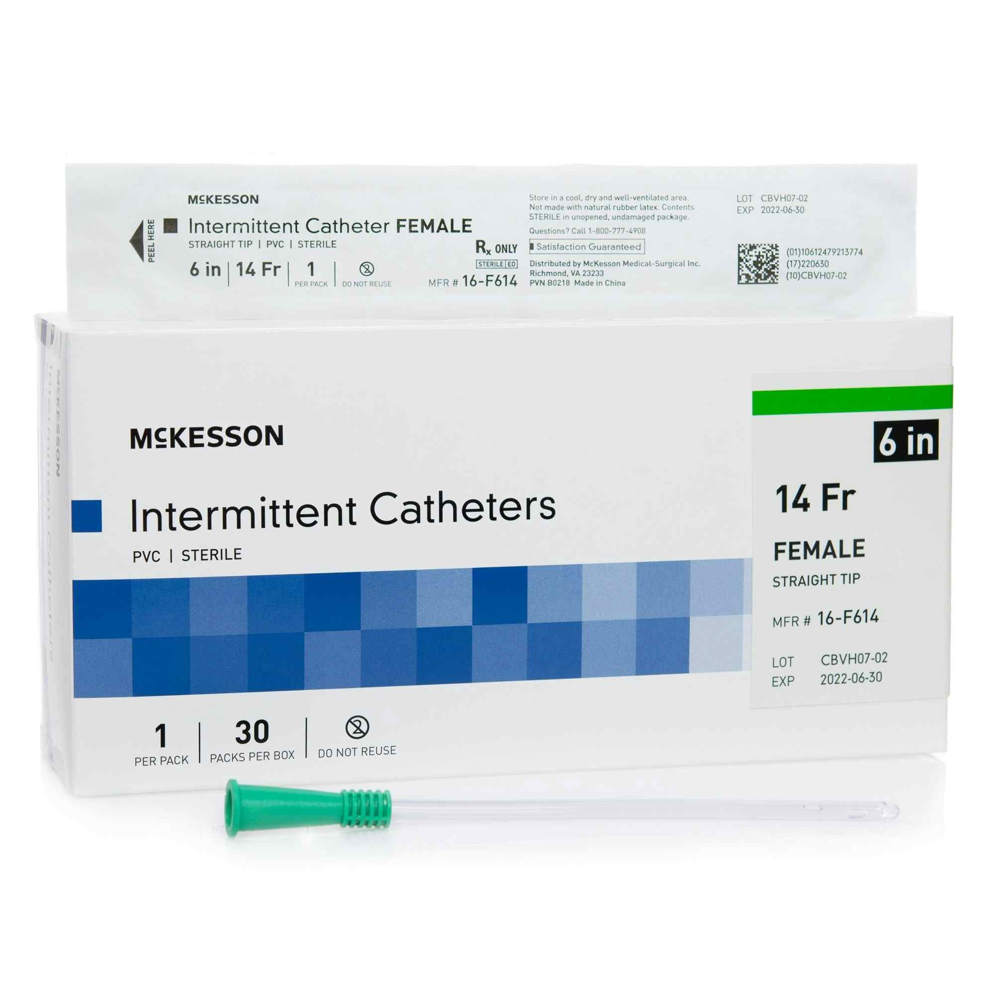 McKesson Female Intermittent Catheter, Straight Tip, PVC, 6", 16-F614, 14 Fr. - Box of 30