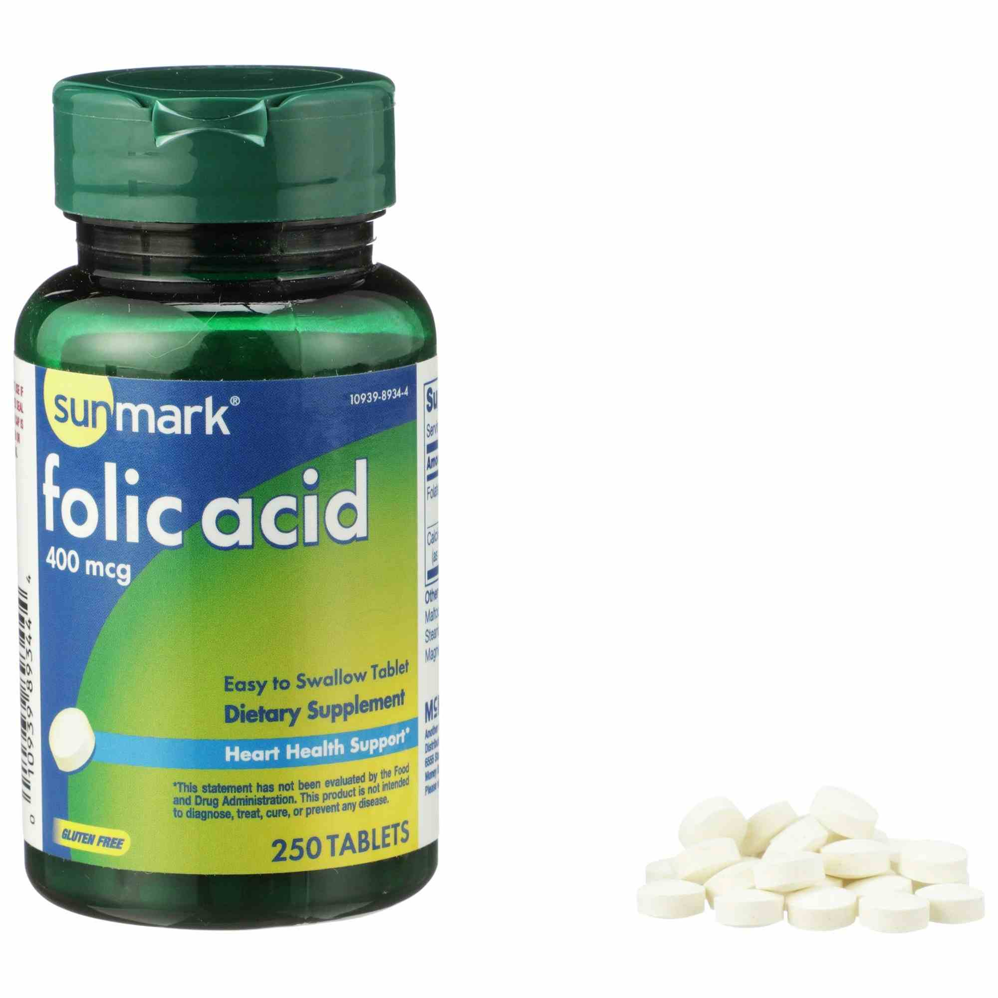 Sunmark Folic Acid Dietary Supplement, 400 mcg, 250 Tablets, 1093989344, 1 Bottle