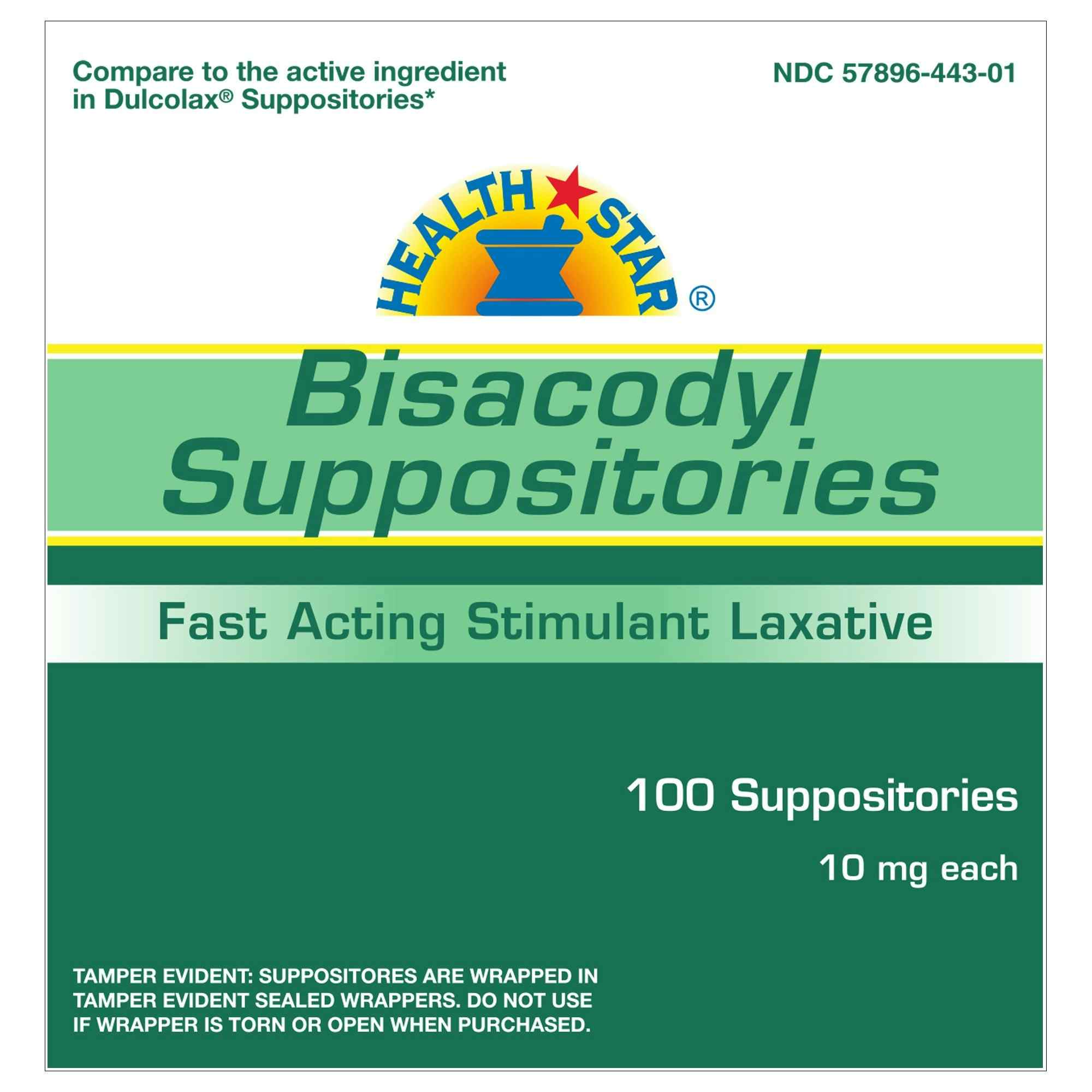 Health Star Bisacodyl Laxative, 10 mg 100 Suppositories, 444-01-HST, 1 Box
