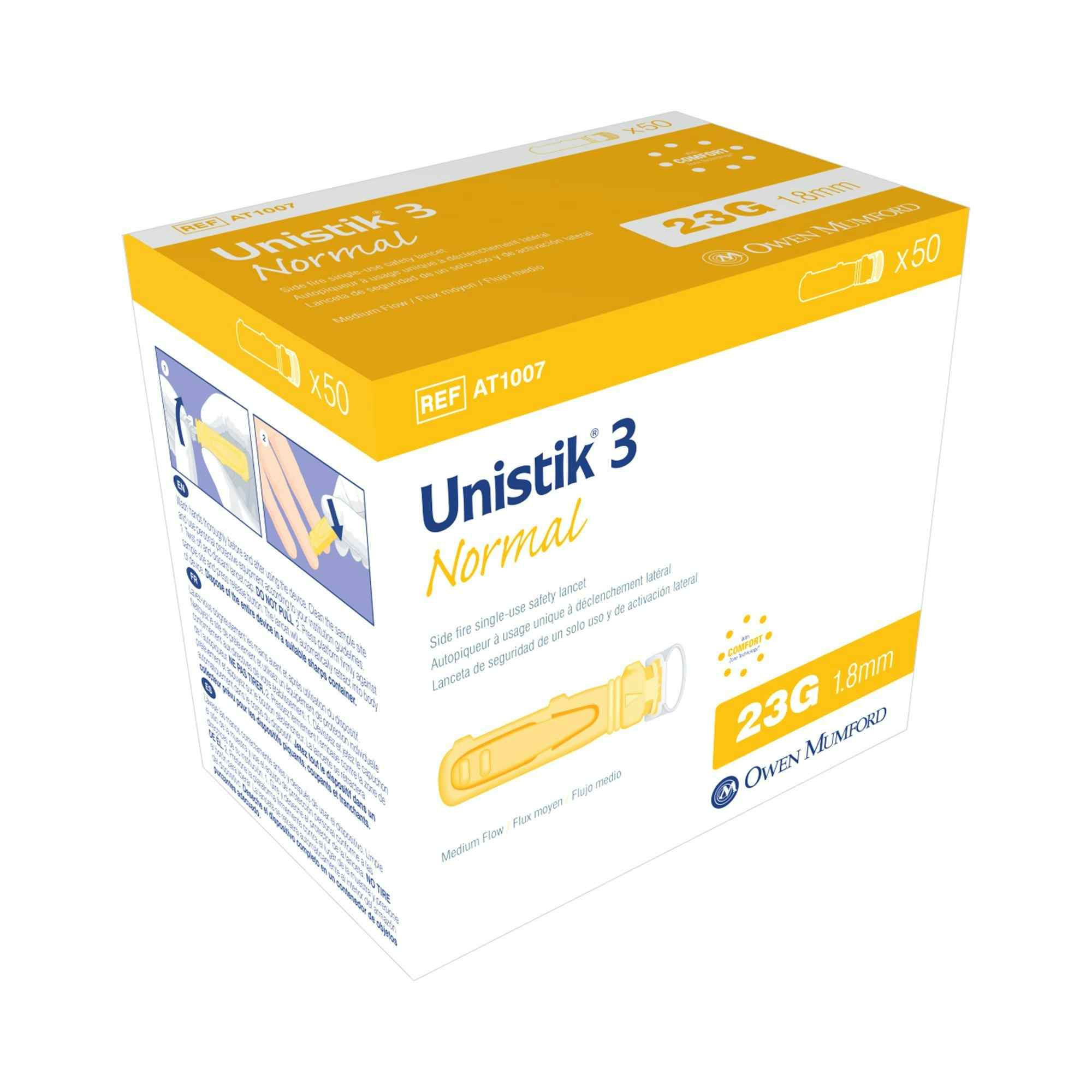 Unistik 3 Normal Safety Lancet, Push Button Side Activation, 23g, AT-1007, Box of 50