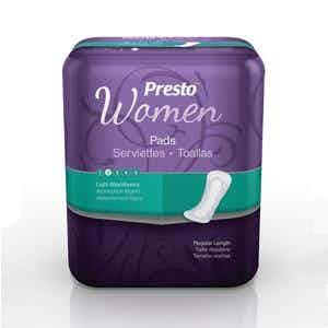 Presto Incontinence Pads for Women, Light Absorbency, BCP11100, 8.5" - Case of 180 (6 Packs)