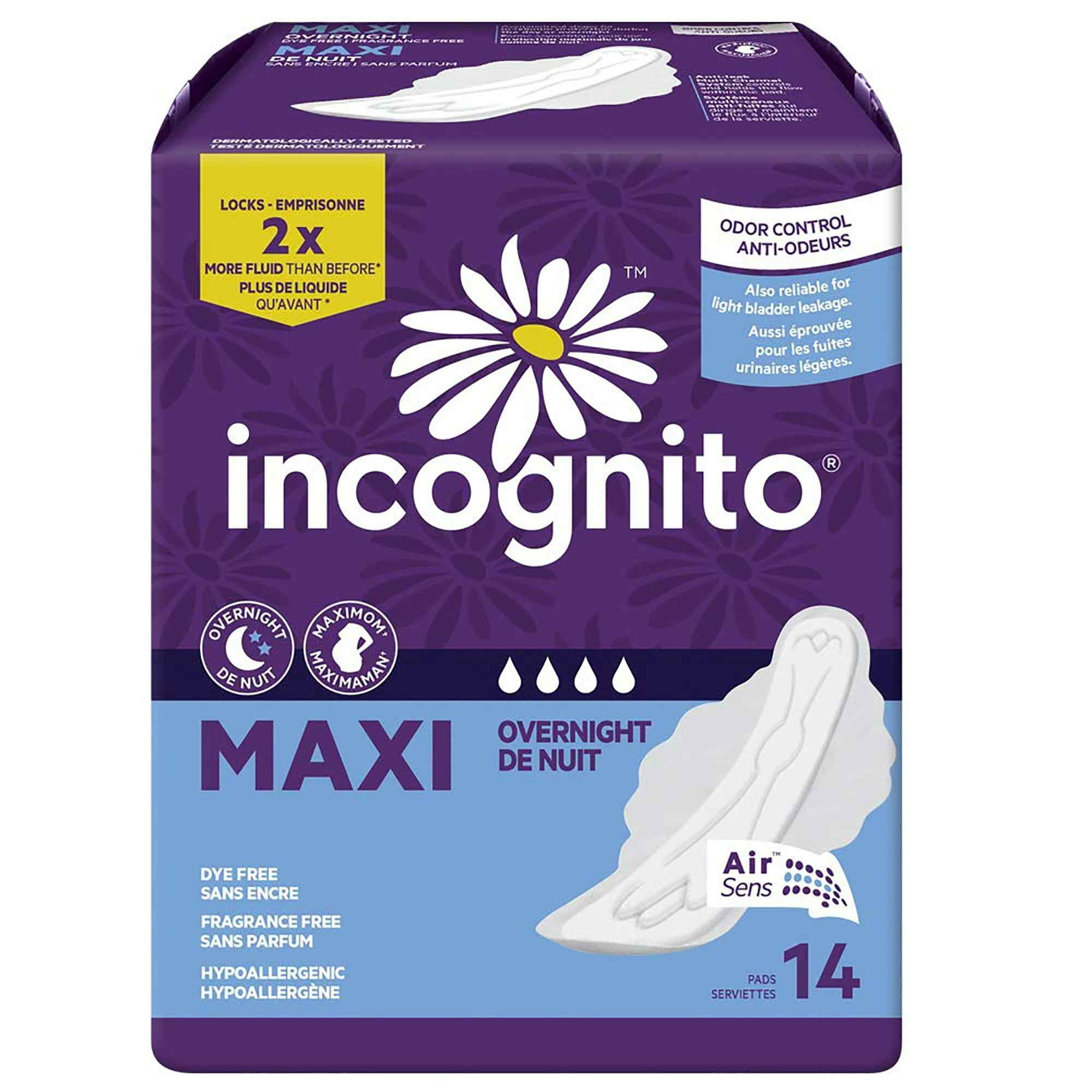 Incognito Maxi with Wings, Overnight Absorbency, 10006608, Case of 168 (12 Bags)