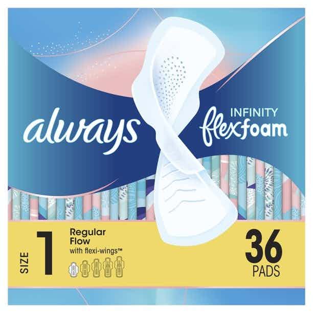 Always Infinity Pads with Wings, Size 1, Unscented, Regular Absorbency, 80348117, Pack of 36