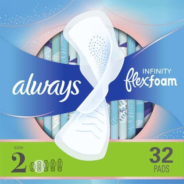 Always Infinity Pads with Wings, Size 2, Unscented, 80348125, Super Absorbency - Pack of 32