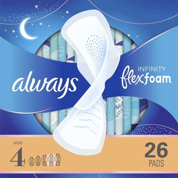 Always Infinity Pads with Wings, Size 4, Unscented, Overnight Absorbency, 80348163, Pack of 36