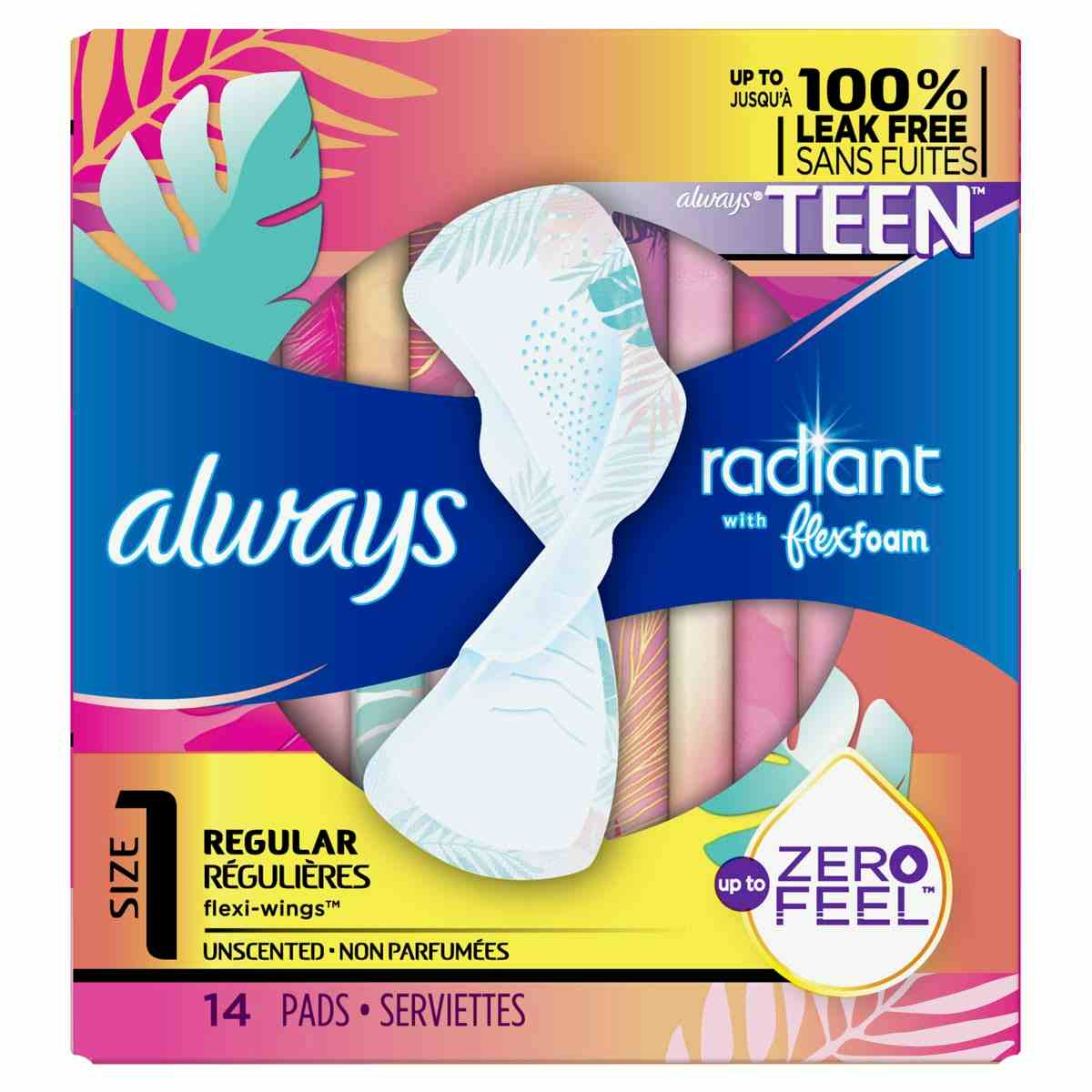 Always Radiant Teen Pads, Size 1, Unscented, Regular Absorbency, 80348173, Pack of 28