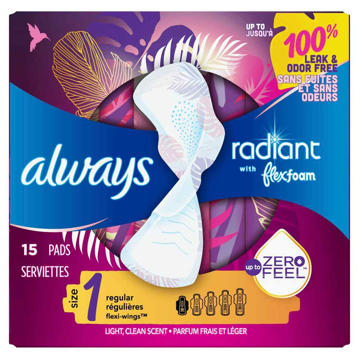 Always Radiant Pads, Size 1, Light Clean Scent, Regular Absorbency, 80348176, Pack of 30