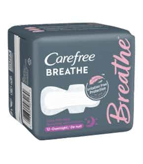 Carefree Breathe Ultra Thin with Wings Pads, Overnight Absorbency, 08218, Pack of 24