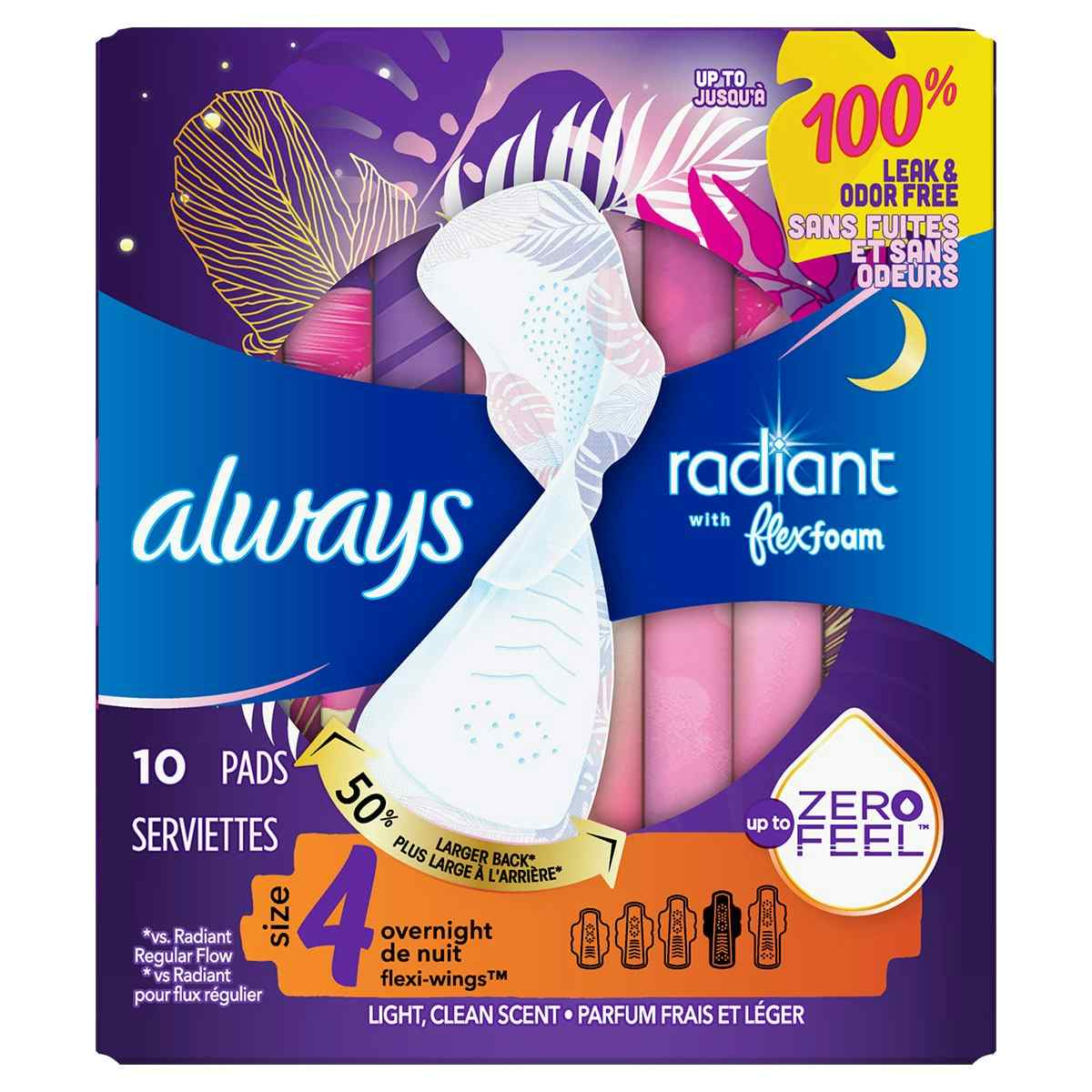 Always Radiant Pads, Size 4, Light Clean Scent, Overnight Absorbency, 80348231, Pack of 20