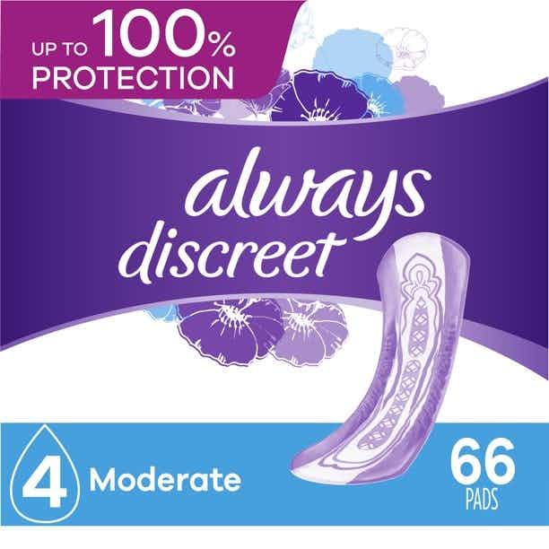 Always Discreet Incontinence Pads, Moderate Absorbency, 80348659, Pack of 66