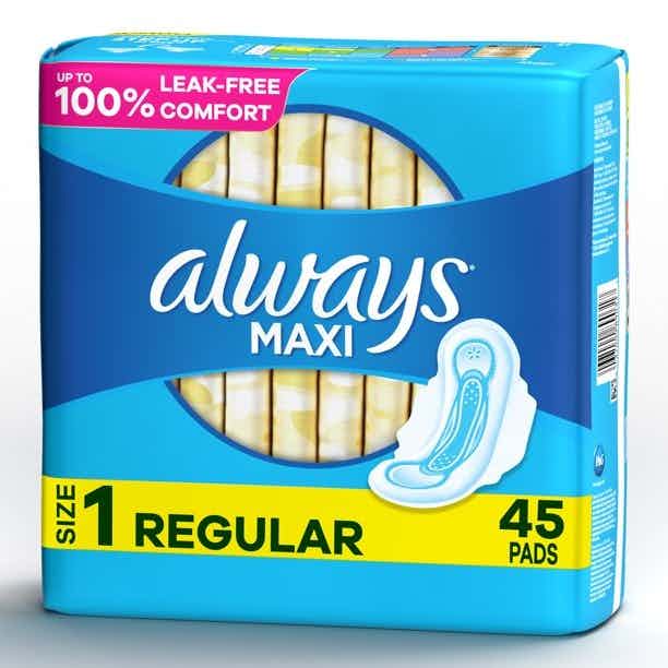 Always Maxi Pads with Wings, Size 1, Regular Absorbency, 80352282, Pack of 45