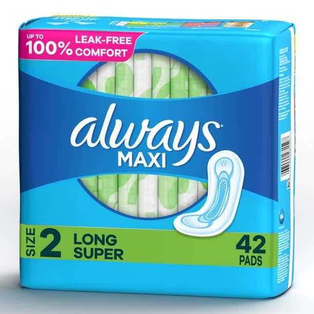 Always Maxi Pads with Wings,Size 2, Long, Super Absorbency, 80352290, Pack of 42