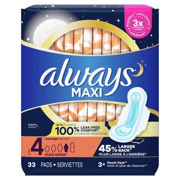 Always Maxi Pads with Wings, Size 4, Overnight Absorbency, 80352307, Pack of 33