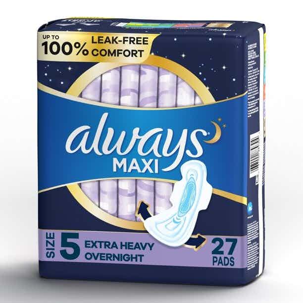 Always Maxi Pads with Wings, Size 5, Extra Heavy Overnight Absorbency, 80352317, Pack of 27