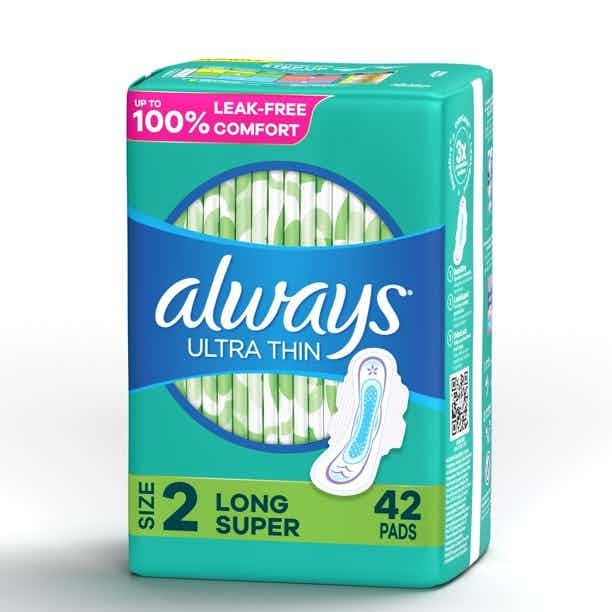 Always Ultra Thin Pads with Wings, Size 2, Long, Super Absorbency, 80353154, Pack of 42