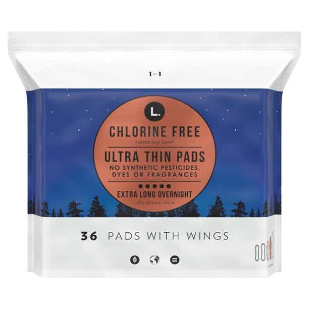 L. Chlorine Free Ultra Thin Pads with Wings,  Overnight Absorbency, 80353650, Pack of 36