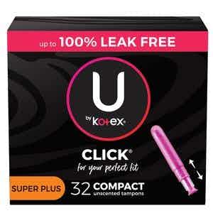 U by Kotex Click Compact Tampons, Super Plus Absorbency, 51585, Box of 32