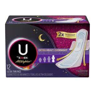 U by Kotex AllNighter Ultra Thin Pads with Wings,  Extra Heavy Overnight Absorbency, 47789, Pack of 12