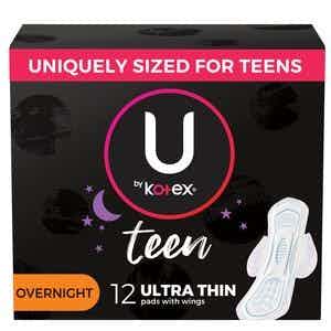 U by Kotex Teen Ultra Thin Pads with Wings, Overnight Absorbency, 51753, Pack of 12