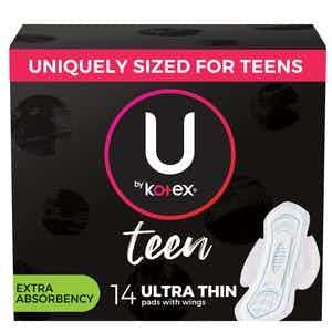 U by Kotex Teen Ultra Thin Pads with Wings, Extra Absorbency, 51752, Pack of 14