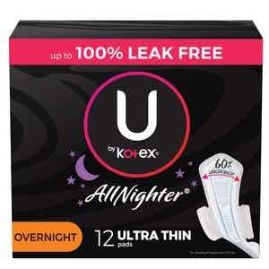 U by Kotex AllNighter Ultra Thin Pads with Wings, Overnight Absorbency, 53482, Pack of 12