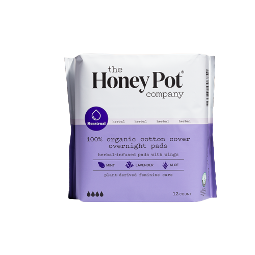 The Honey Pot Organic Cotton Herbal Pads with Wings, Overnight Absorbency, 8100, Pack of 12