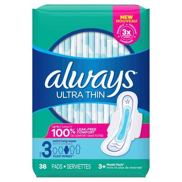 Always Ultra Thin Pads, Size 3, Extra Long, Super Absorbency, 80361763, Pack of 38