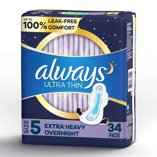 Always Ultra Thin Pads with Wings, Size 5, Extra Heavy Overnight Absorbency, 80361787, Pack of 34
