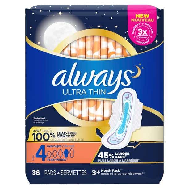 Always Ultra Thin Pads with Wings,  Size 4, Overnight Absorbency, 80361807, Pack of 36