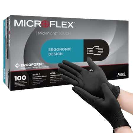 Microflex MidKnight Touch Exam Gloves,Textured Fingertips, Chemo Approved, Black, 93732070, Small - Case of 1000
