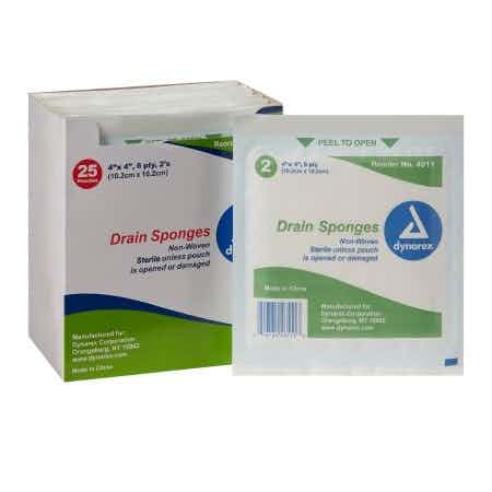 Dynarex Non Woven Drain And IV Sponges, 6 Ply, Sterile, 4" x 4", 4611, Pack of 25