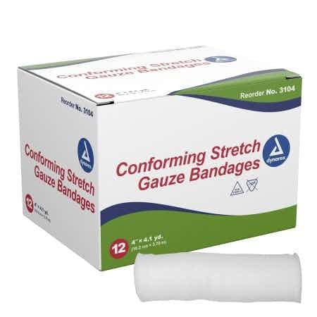 Dynarex Conforming Stretch Gauze Bandages, Non-sterile, 3104, 4"  X 4 1/10 yards - Case of 8 (8 Boxes of 12)