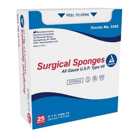 Dynarex Surgical Sponges, Sterile, 8 ply, 3342, Pack of 25