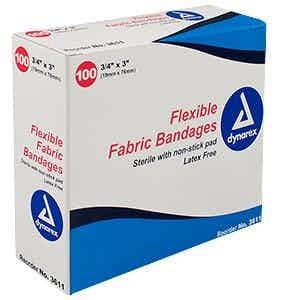 Dynarex Flexible Fabric Adhesive Bandage, Sterile, Latex-free, 3/4" x 3", 3611, Box of 100