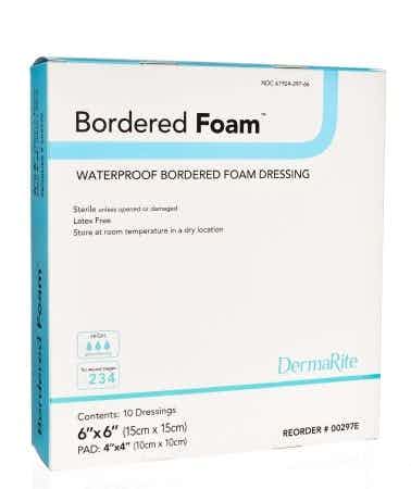 DermaRite BorderedFoam Waterproof Foam Dressing with Adhesive Border, Sterile, 6 X 6", 00297E, Box of 10