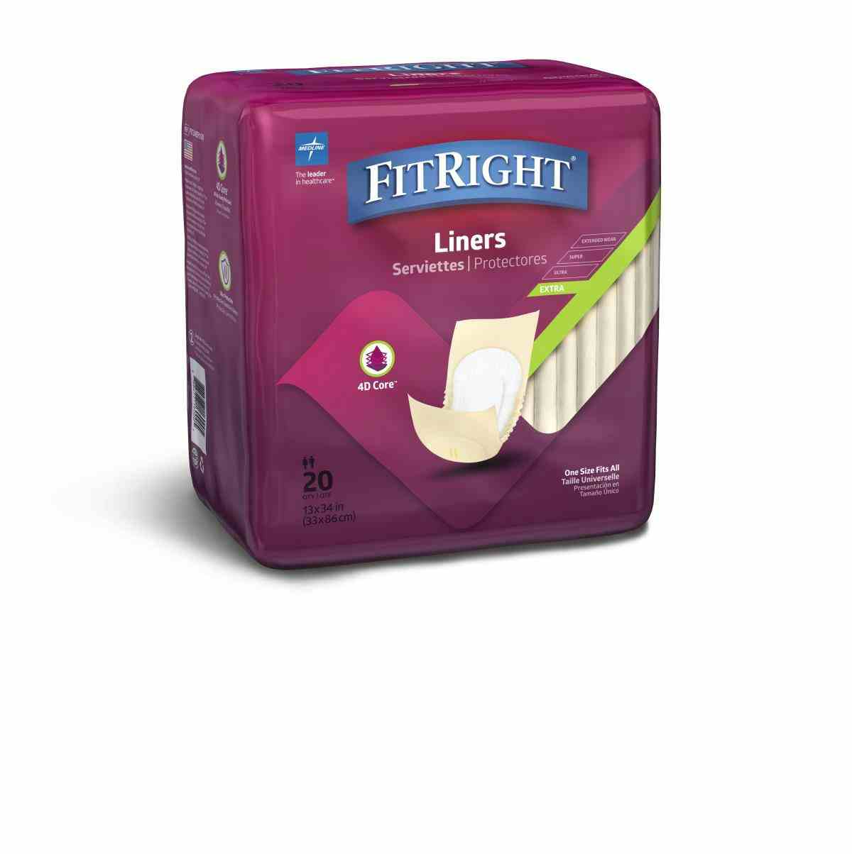FitRight Extra Incontinence Liners, Moderate Absorbency, FITLINER100Z, 13" X 30" - Bag of 20