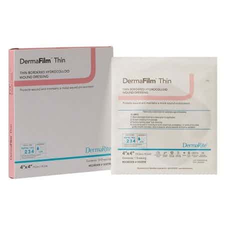 DermaRite DermaFilm Thin Bordered Hydrocolloid Wound Dressing, Sterile, 4 X 4", 00259, Box of 10