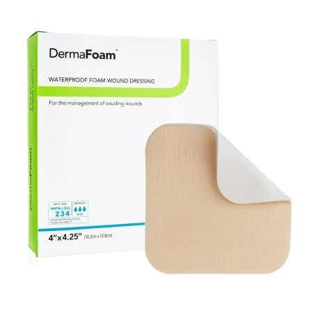 DermaRite DermaFoam Waterproof Foam Wound Dressing, Sterile, 4 X 4.25", 00291E, Box of 10