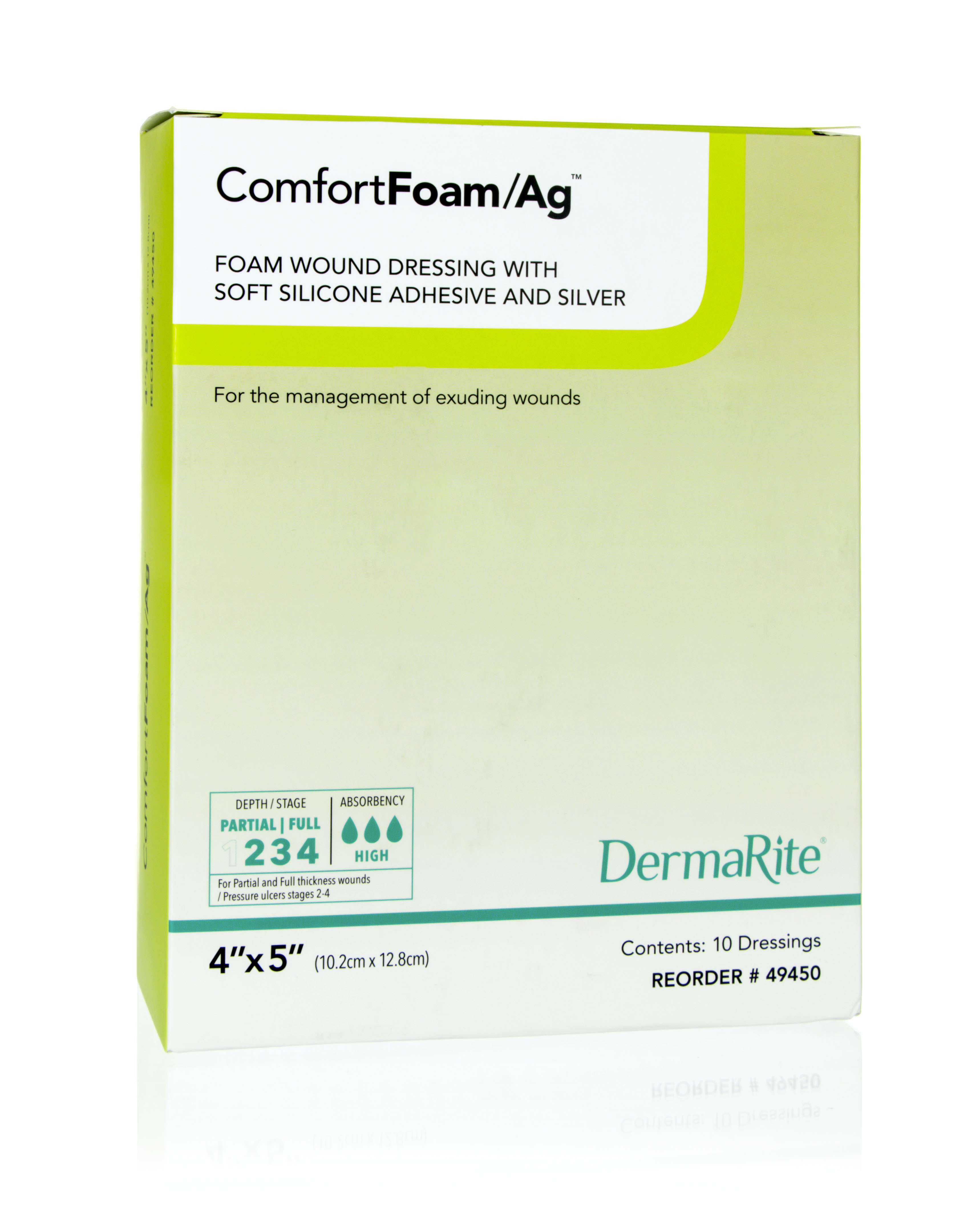 DermaRite ComfortFoam/Ag Foam Wound Dressing with Soft Silicone Adhesive and Silver, Sterile, 4 X 4"