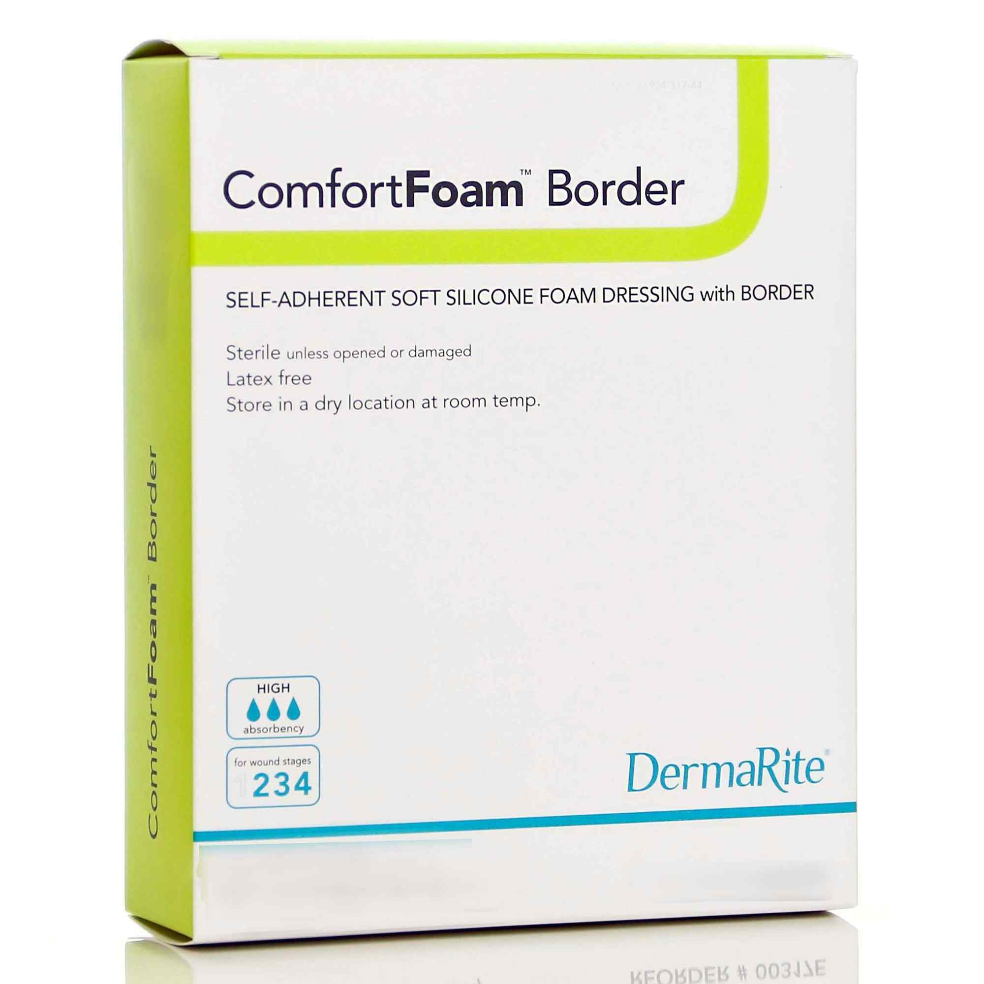 DermaRite ComfortFoam Border Self-Adherent Soft Silicone Foam Dressing with Border, Sterile, 7-1/5 X 7-1/5", 43880, Box of 5