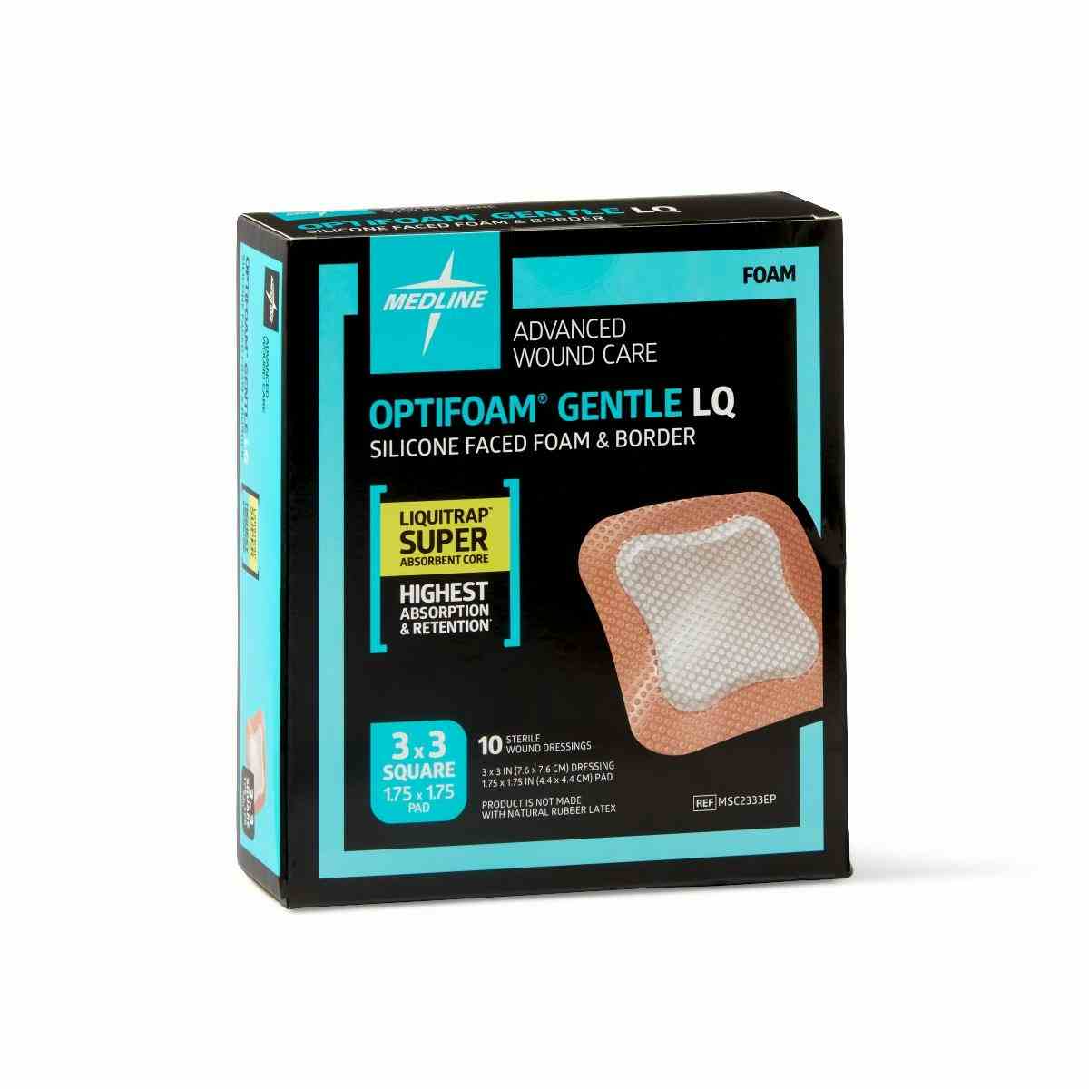 Optifoam Gentle LQ Silicone-Faced Foam Dressing with Liquitrap, MSC2333EPZ, 3 X 3 Inches - Box of 10