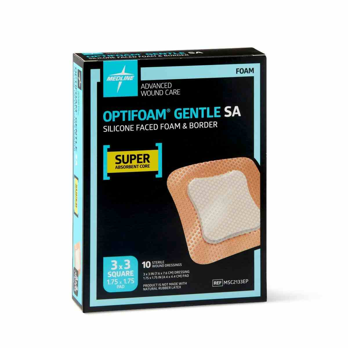 Optifoam Gentle SA Silicone-Faced Foam Dressing, MSC2133EPZ, 3 X 3 Inches - Box of 10