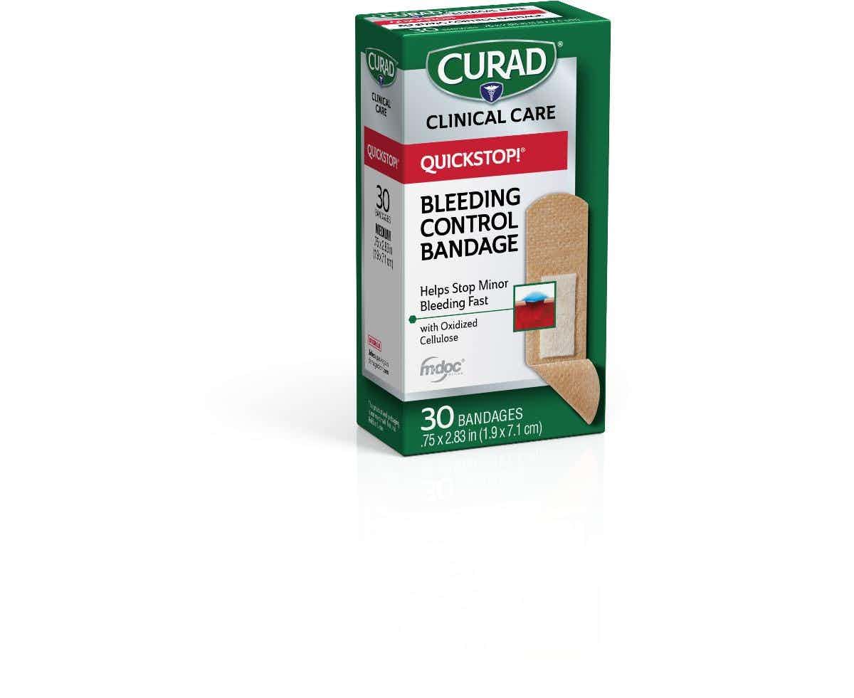 Curad QuickStop Bleeding Control Flex-Fabric Bandages, CUR5243V1H, 0.75" X 2.83" - Box of 30