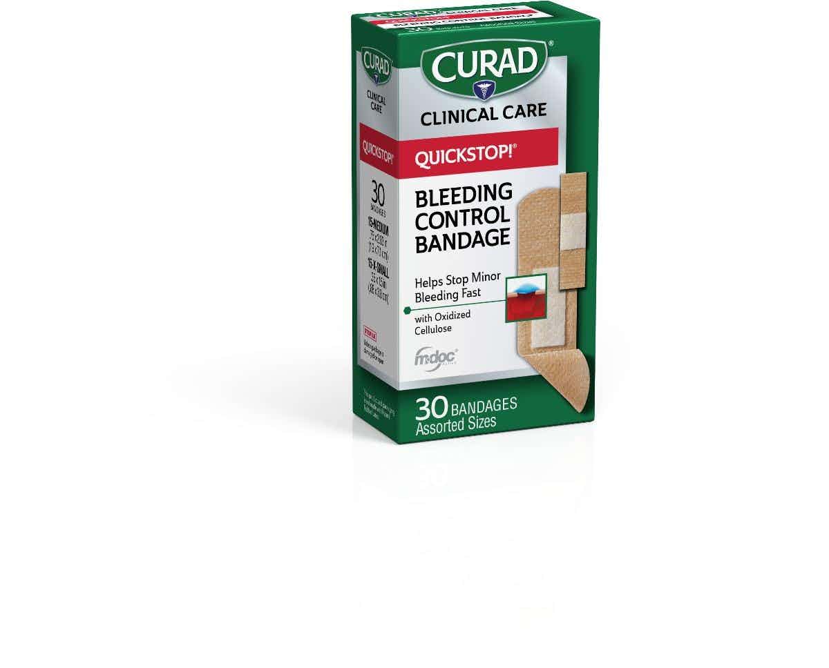 Curad QuickStop Bleeding Control Flex-Fabric Bandages, Assorted Sizes, CUR5245V1H, Box of 30