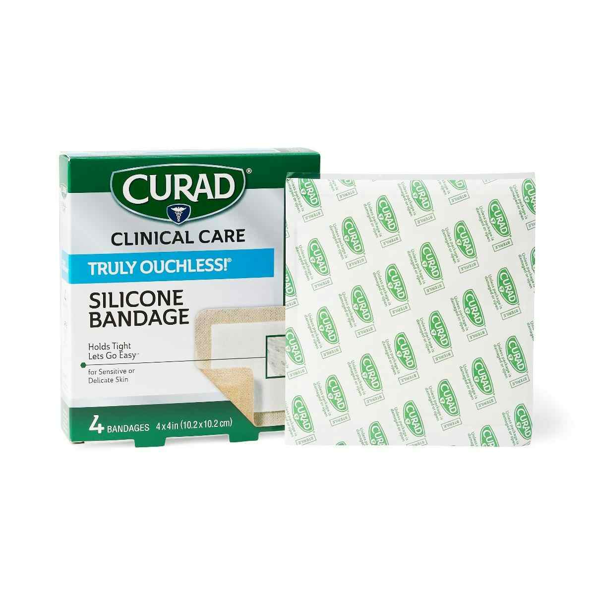 Curad Truly Ouchless Silicone Bandages, CUR5001V1H, 4" X 4" - Box of 4