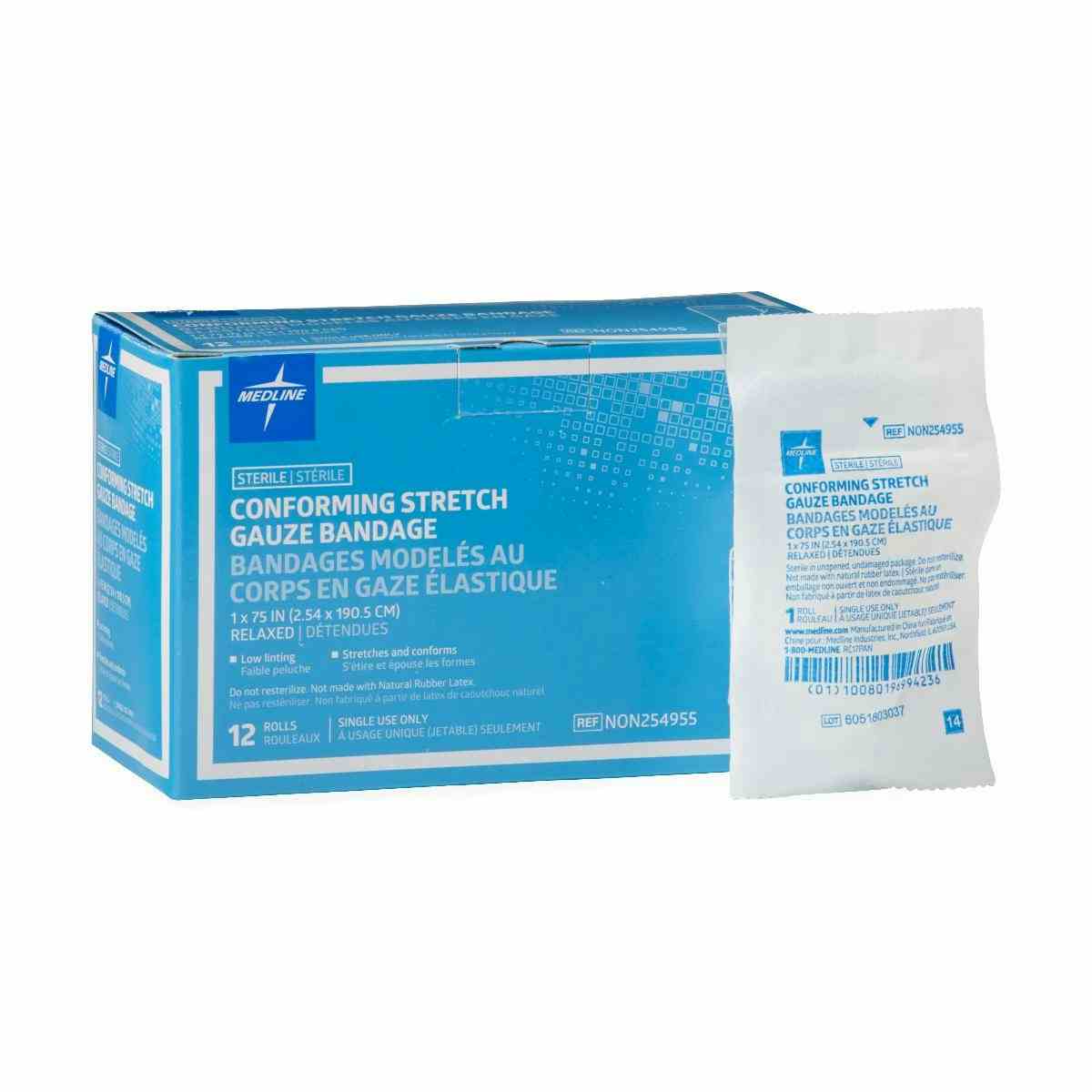 Medline Conforming Stretch Gauze Bandages, Heavy Weight, NON254955Z, 1" X 75" - Box of 12