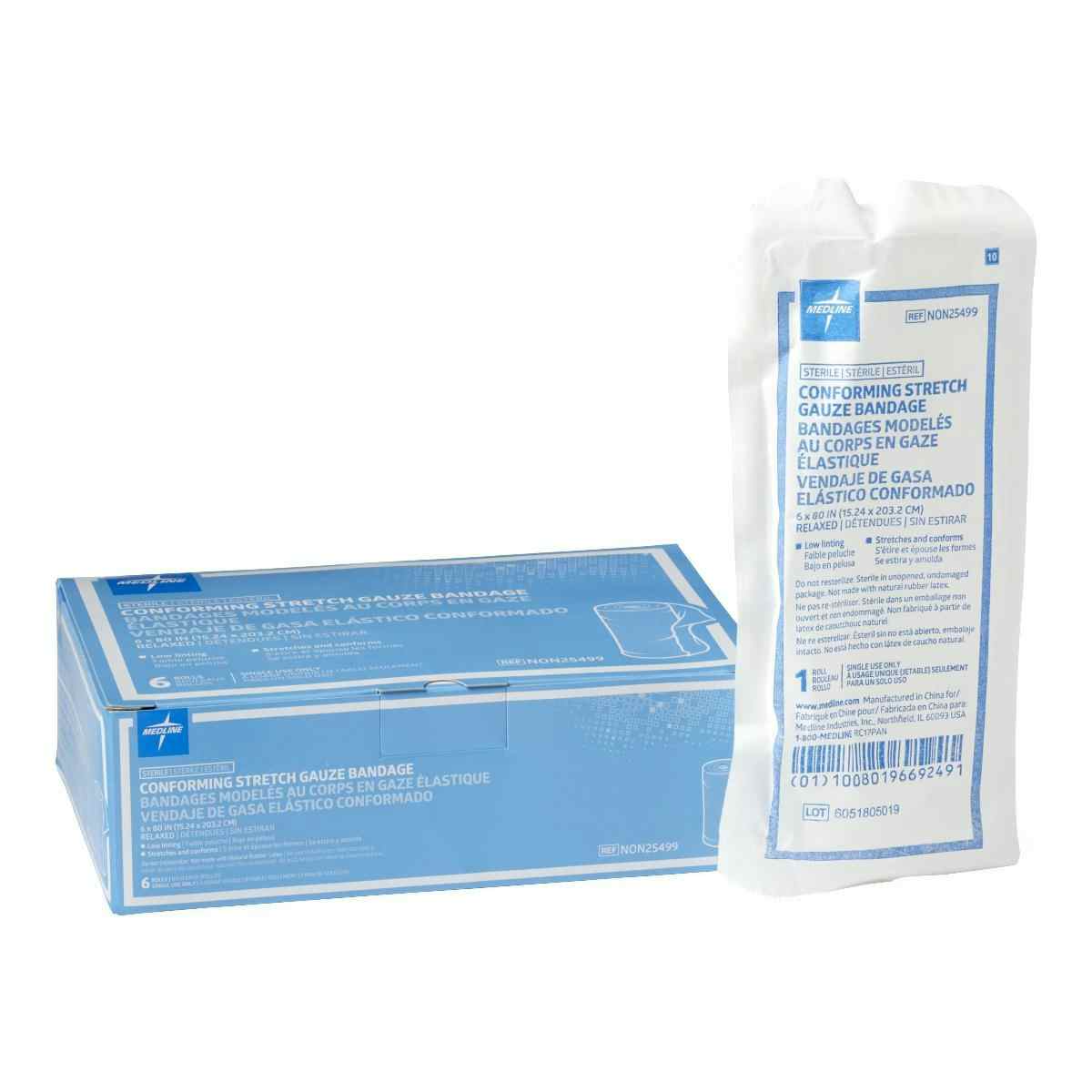 Medline Conforming Stretch Gauze Bandages, Heavy Weight, NON25499H, 6" X 80" - Box of 6