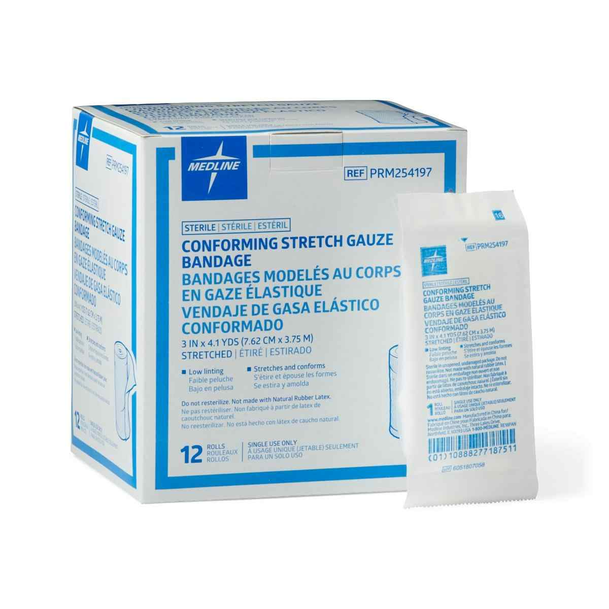 Medline Conforming Stretch Gauze Bandages, Light Weight, PRM254197, 3" X 4.1 yd. - Case of 96