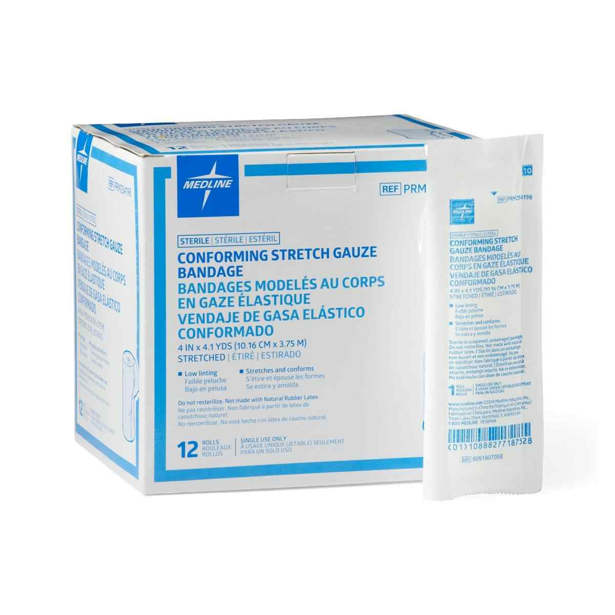 Medline Conforming Stretch Gauze Bandages, Light Weight, PRM254198Z, 4" X 4.1 yd. - Box of 12