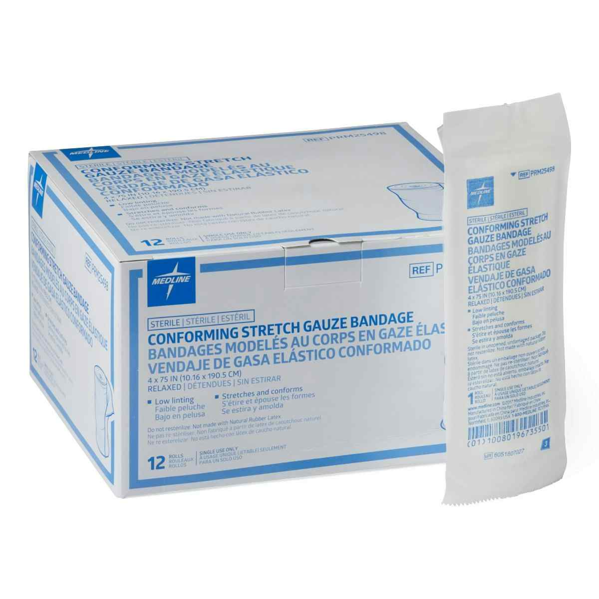 Medline Conforming Stretch Gauze Bandages, Light Weight, PRM25498Z, 4" X 75" - Box of 12